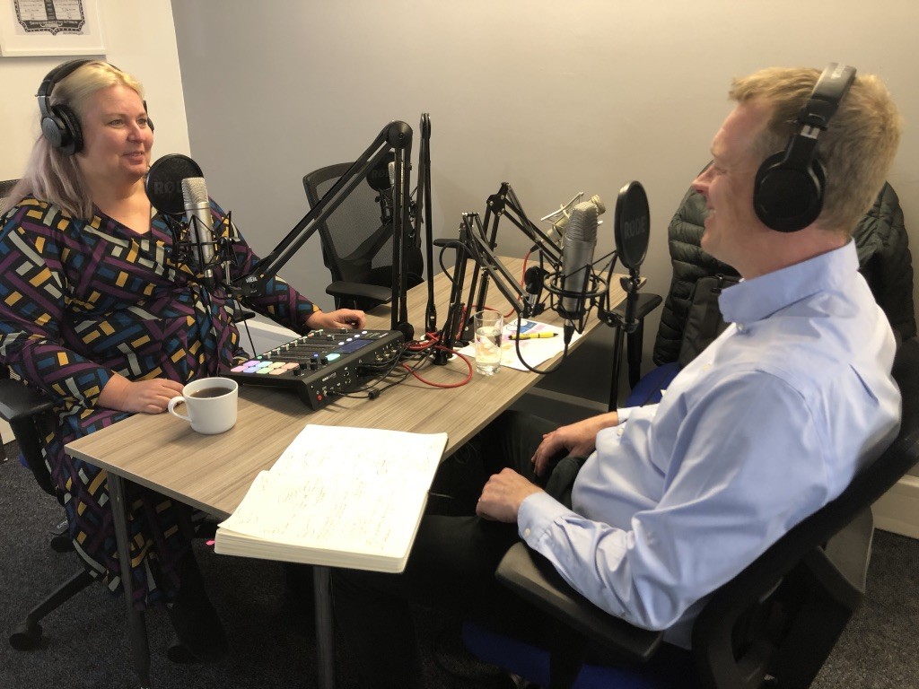 Dr. Jo North and Paul Slater in the studio recording the Idea Time podcast