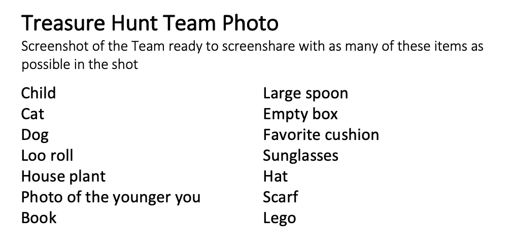 Icebreaker for online meetings treasure hunt team photo instruction slide