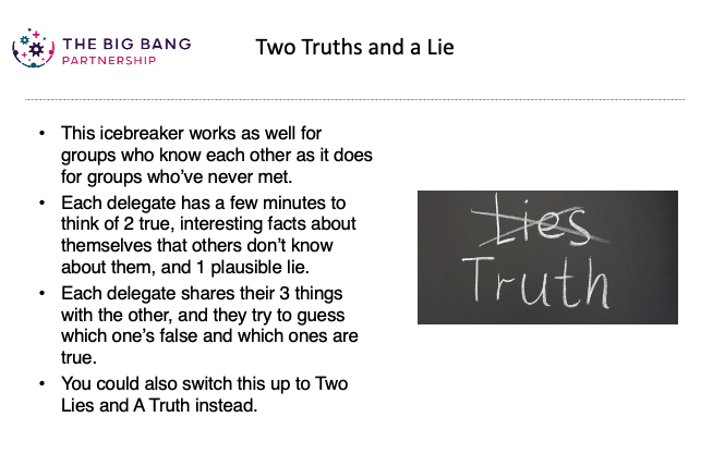 Slide showing how to run two truths and a lie activity as an icebreaker for online meetings