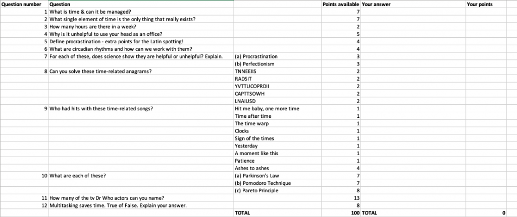 Icebreaker for online meetings time management quiz example on an Excel spreadsheet